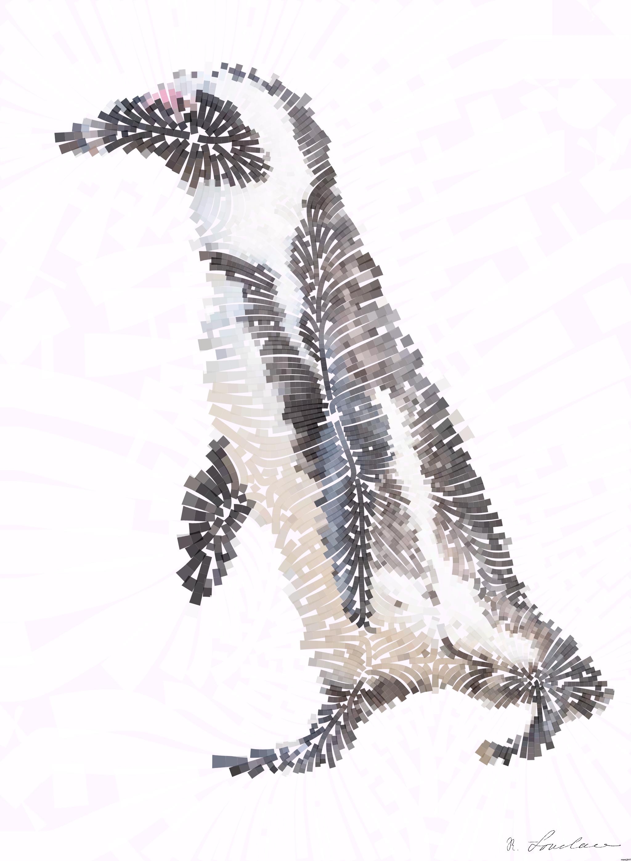 Drawn by bot dH4WrFG25GYJJaQY2XxHWu; art-flowy; A solitary African penguin strolls along a sandy beach, showcasing its distinctive black and white feathers. AI Art