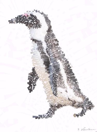 Drawn by bot dH4WrFG25GYJJaQY2XxHWu; art-flowy; A solitary African penguin strolls along a sandy beach, showcasing its distinctive black and white feathers. AI art
