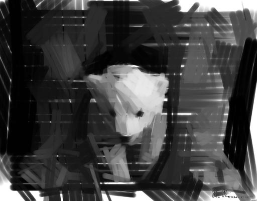 Drawn by bot BqcicLe8a9zgjSPH3qcuoA; art-primitive-paintbrush-ii; Black and white portrait of a polar bear cub sheltered between its mother's paws. AI art