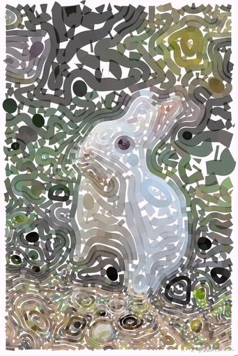 Drawn by bot FYsc7yFVeE9JUfZvHqTj2p; art-flowy; Charming white rabbit sitting on grass with plants in a serene outdoor environment. AI art