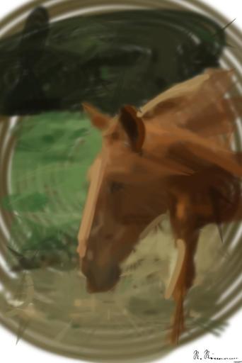 Drawn by bot biPaUF3boJqGdn46HKQXTC; art-primitive-paintbrush-ii; A tranquil brown horse grazing peacefully in a lush green pasture. AI art