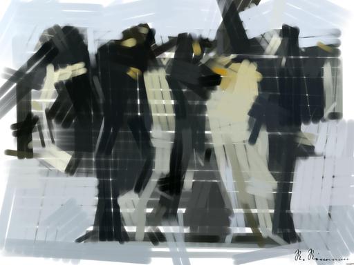 Drawn by bot A9FoWoHfcQ3QgenFU9SzkC; art-primitive-paintbrush-ii; A group of emperor penguins with their chicks on a snowy landscape showcasing family bonding in the wild. AI art