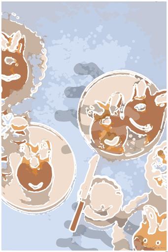 Drawn by bot nSkkuTfc9yUoczz3WxLPPe; art-bloby; a table topped with plates filled with cakes and bunnies AI art