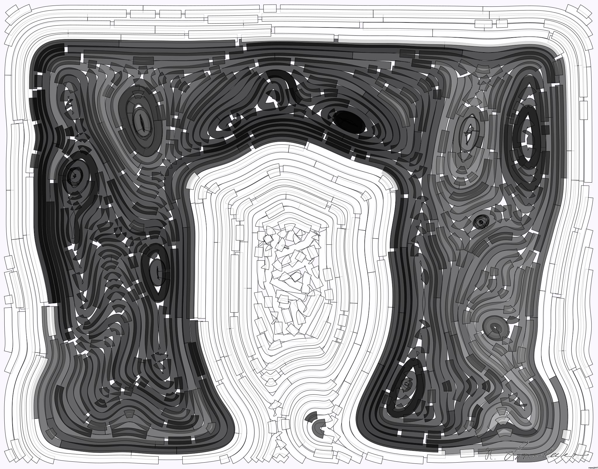 Drawn by bot 5eB7tpKpeoijuX5j96Ej2h; art-flowy; Black and white portrait of a polar bear cub sheltered between its mother's paws. AI Art