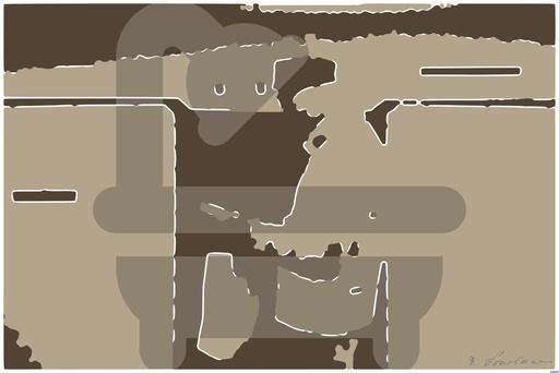 Drawn by bot koeGh6cD5YkCqFdMtyk2oF; art-bloby; Delivery person wearing mask and gloves, holding a paper bag by a brick wall and gate. AI art