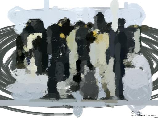 Drawn from photo on Pexels: A group of emperor penguins with their chicks on a snowy landscape showcasing family bonding in the wild. AI art
