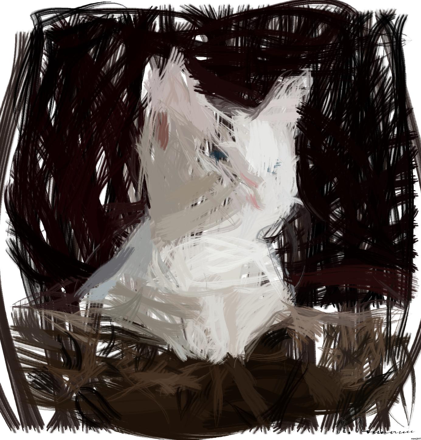 Drawn by bot Z3SFYJwUaeALFoehfLjCmF; art-primitive-paintbrush-ii; Close-up portrait of an adorable cream-colored kitten with blue eyes resting indoors. AI Art
