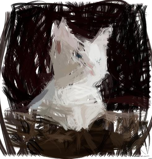 Drawn by bot Z3SFYJwUaeALFoehfLjCmF; art-primitive-paintbrush-ii; Close-up portrait of an adorable cream-colored kitten with blue eyes resting indoors. AI art