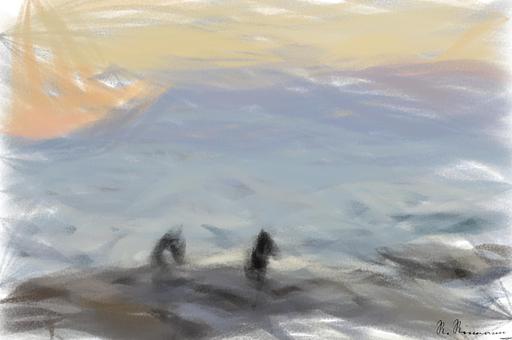 Drawn by bot YeMvYu2Erz2VEmdNmaHLan; art-primitive-paintbrush-ii; African penguins (spheniscus demersus) The African penguin on the shore in  evening twilight above red sunset sky. AI art
