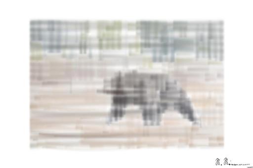 Drawn from photo on Unsplash: Beautiful brown bear walking in the taiga during a snowfall AI art