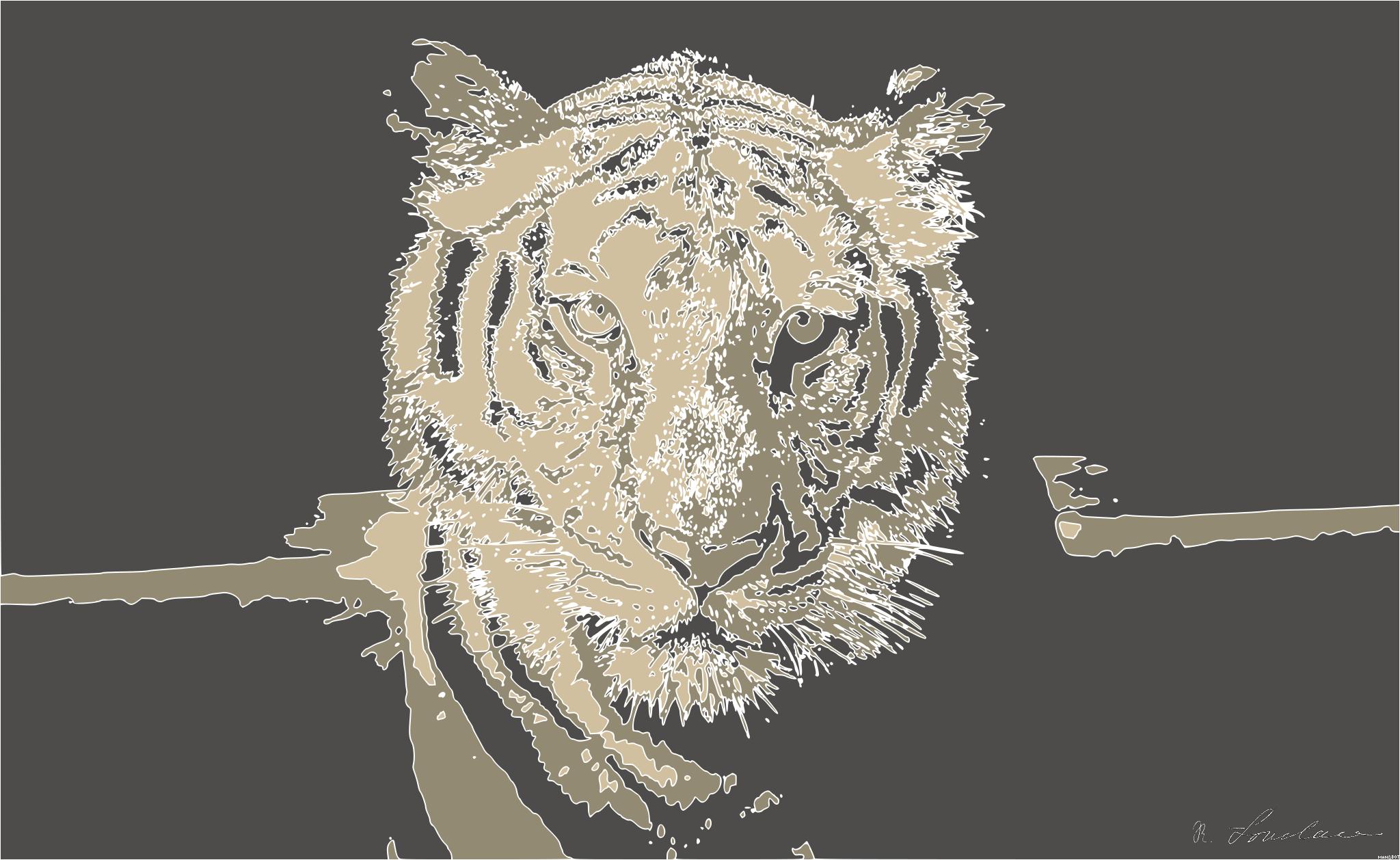 Drawn by bot JBJt6SZJ3qQ9kU2zY8AhNr; art-bloby; Powerful close-up of a Sumatran tiger with piercing eyes highlighting its majestic nature. AI Art