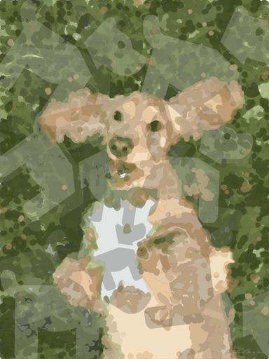 Drawn by bot FZPRsuV6XEXE82gPirz9gg; art-bloby; brown and white long coated small dog lying on green grass AI art