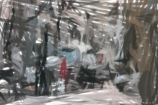 Drawn by bot a9pxkYyLTTpDLgnGfivyQ2; art-primitive-paintbrush-ii; A glimpse into the vibrant street life of a traditional hutong in Beijing, China, showcasing daily interactions. AI art