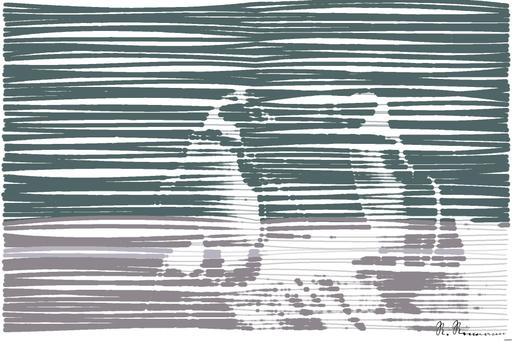 Drawn by bot J9B5q9bRbvUSYPXW5UdwbH; art-linewidth; two white-and-brown penguins standing on gray rock AI art