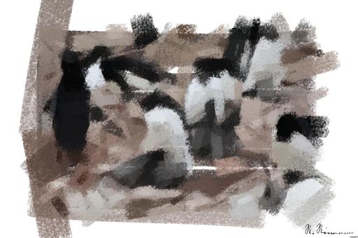 Drawn by bot fAV8DsDZycqDscKBcoDviU; art-primitive-paintbrush-ii; flock of penguins on brown sand during daytime AI art