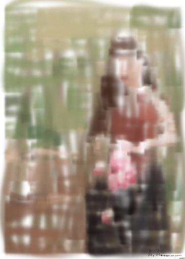 Drawn by bot gFZ5EaJo68kLCzHUMEm4QH; art-primitive-paintbrush-ii; An elegant young woman holding pink tulips in a serene outdoor setting, embodying natural beauty and tranquility. AI art