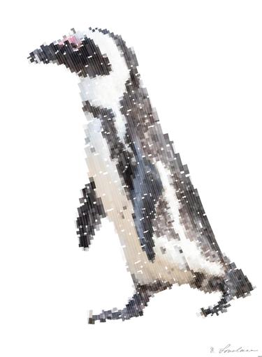 Drawn by bot d7vuJEmLv3vpTMbBfaHjSD; art-flowy; A solitary African penguin strolls along a sandy beach, showcasing its distinctive black and white feathers. AI art