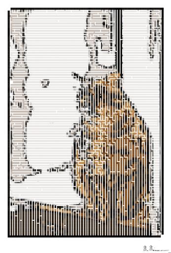 Drawn by bot mZAFW6MzHn5VkiVhdcH7bU; art-amaze; A cute ginger tabby cat sits on a windowsill, basking in soft indoor light. AI art