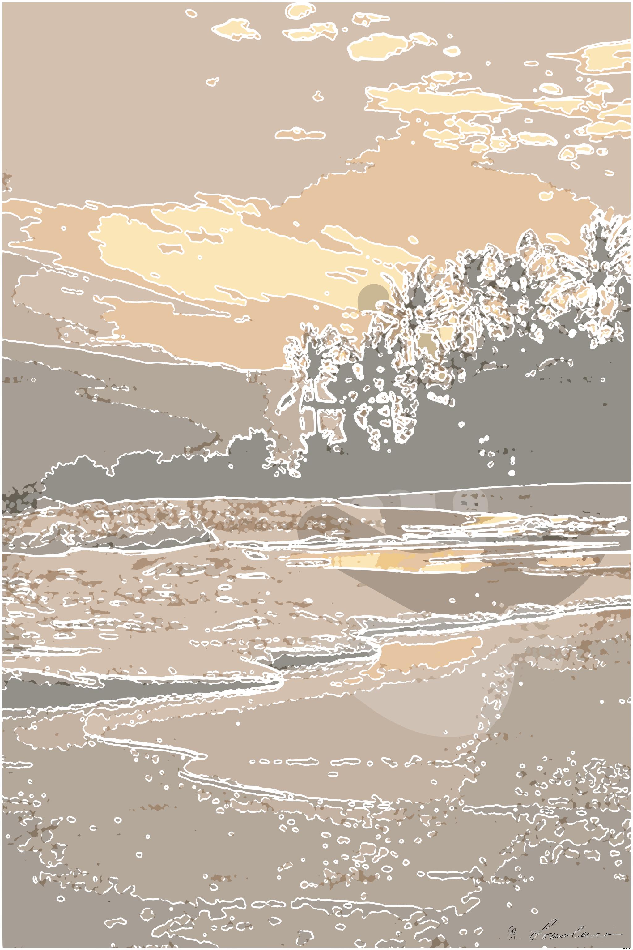 Drawn by bot mquy36Xfpghqe3T3AyCfFH; art-bloby; the sun is setting over the ocean with waves coming in AI Art