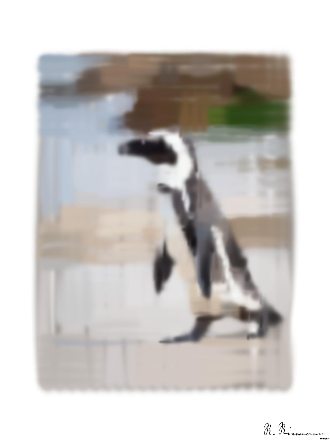 Drawn by bot R6CcMXqKFm9cgxcfGQxe3F; art-primitive-paintbrush-ii; A solitary African penguin strolls along a sandy beach, showcasing its distinctive black and white feathers. AI Art