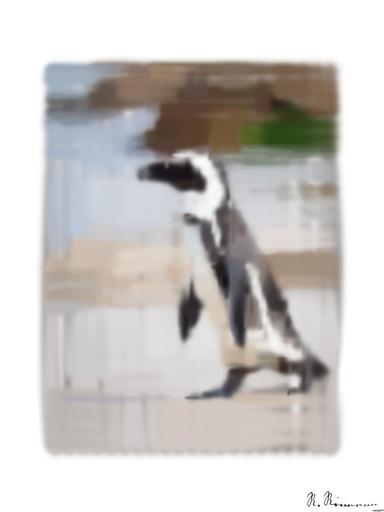 Drawn by bot R6CcMXqKFm9cgxcfGQxe3F; art-primitive-paintbrush-ii; A solitary African penguin strolls along a sandy beach, showcasing its distinctive black and white feathers. AI art
