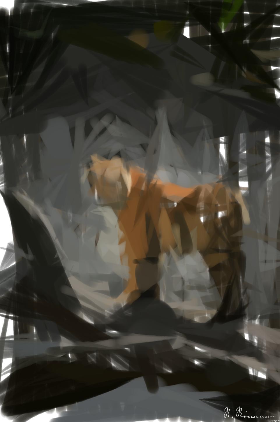 Drawn by bot XFAQ6DYXHokG5CXKoDW2dr; art-primitive-paintbrush-ii; tiger on brown tree log AI Art