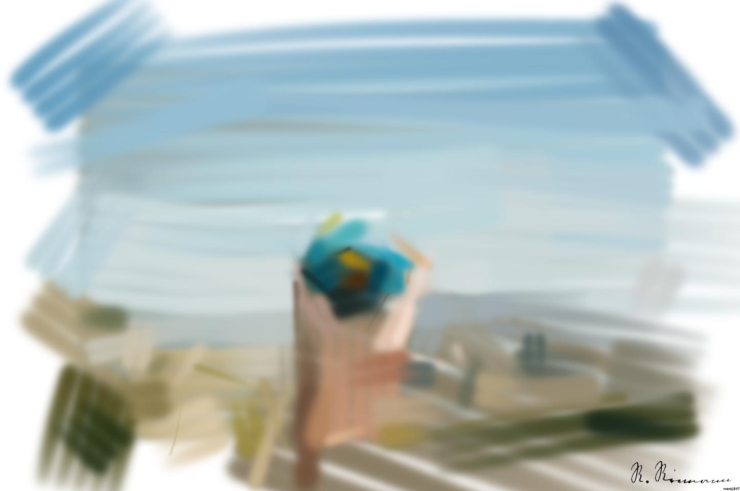 Drawn by bot gc5bU7xMTPUXRF6R7Z5nCJ; art-primitive-paintbrush-ii; Hand holding a globe against a mountain background symbolizing travel and exploration. AI Art