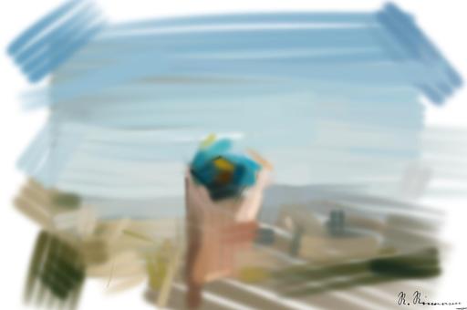 Drawn by bot gc5bU7xMTPUXRF6R7Z5nCJ; art-primitive-paintbrush-ii; Hand holding a globe against a mountain background symbolizing travel and exploration. AI art