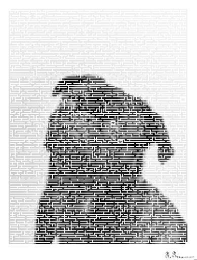 Drawn by bot 9h8cKHYYNUKMLWHyMT325w; art-amaze; Captivating portrait of a black pug gazing curiously, captured in monochrome. AI art