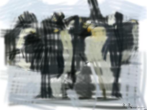 Drawn by bot VPmLnb9qEAMsUrtznxgZ8b; art-primitive-paintbrush-ii; A group of emperor penguins with their chicks on a snowy landscape showcasing family bonding in the wild. AI art