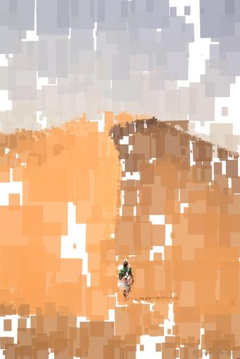 Drawn by bot 2MPKiBpfxBbKHKBAAKdpmH; art-quadrangle; A lone traveler walking over the vast, golden sand dunes of the Sahara Desert in Algeria. AI art