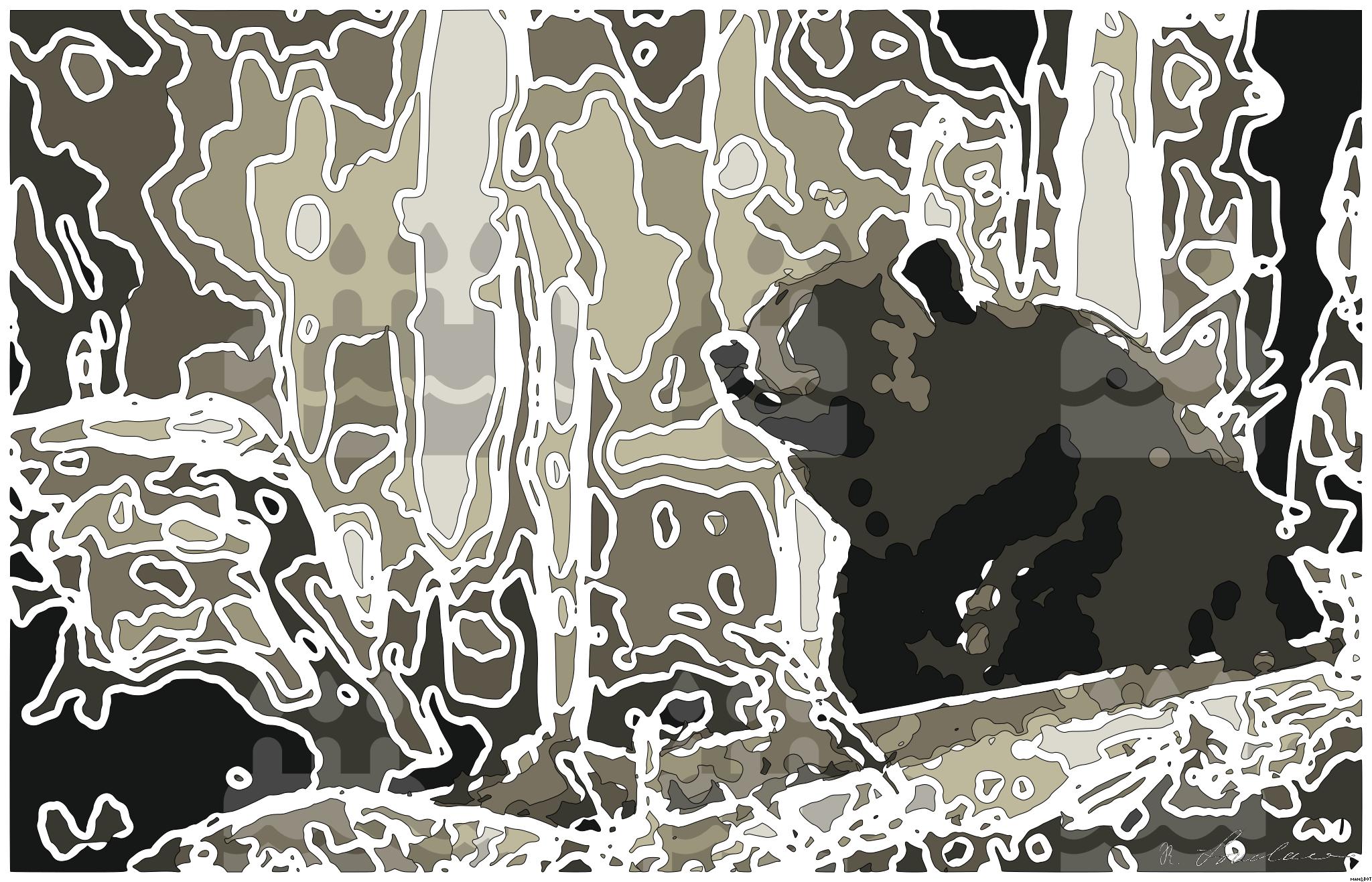 Drawn by bot neEQay6UNsVYXUejgXVLJr; art-bloby; Close-up of a grizzly bear sitting peacefully in a forest setting, showcasing its powerful presence. AI Art