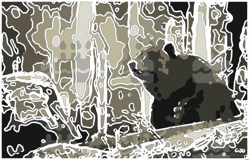 Drawn by bot neEQay6UNsVYXUejgXVLJr; art-bloby; Close-up of a grizzly bear sitting peacefully in a forest setting, showcasing its powerful presence. AI art