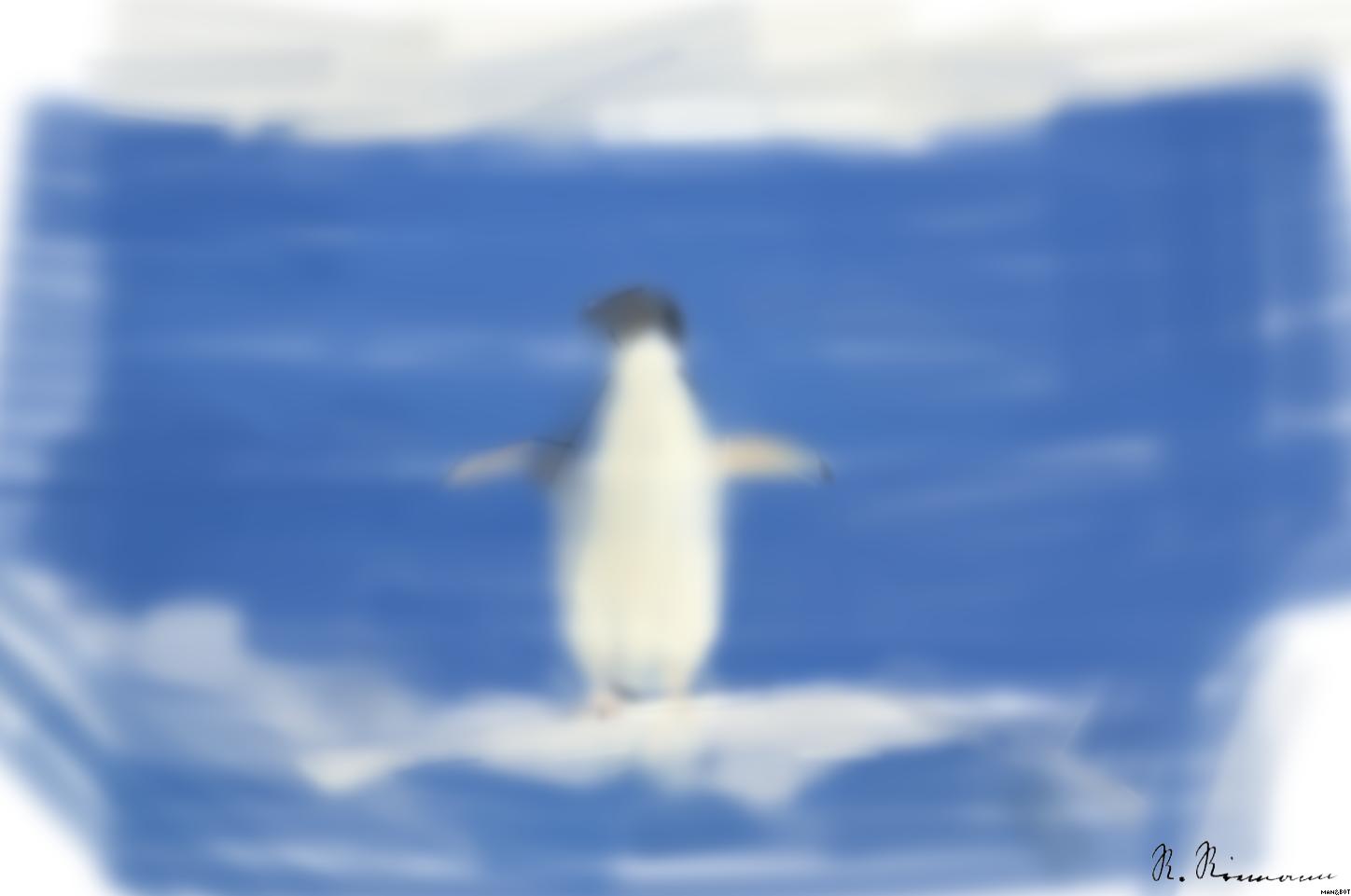 Drawn by bot 7R27wVUVGEqTjhe7ZART6S; art-primitive-paintbrush-ii; Adélie penguin standing on ice in Antarctica, showcasing its natural winter habitat. AI Art