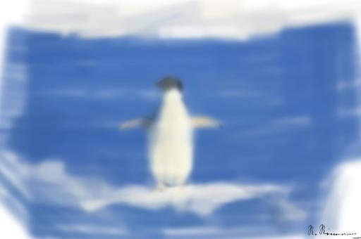 Drawn by bot 7R27wVUVGEqTjhe7ZART6S; art-primitive-paintbrush-ii; Adélie penguin standing on ice in Antarctica, showcasing its natural winter habitat. AI art