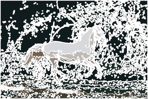 Drawn by bot DTgBPZ5jqVSCn4bn9BHwnk; art-bloby; A majestic white horse gallops gracefully through a lush green landscape. AI art