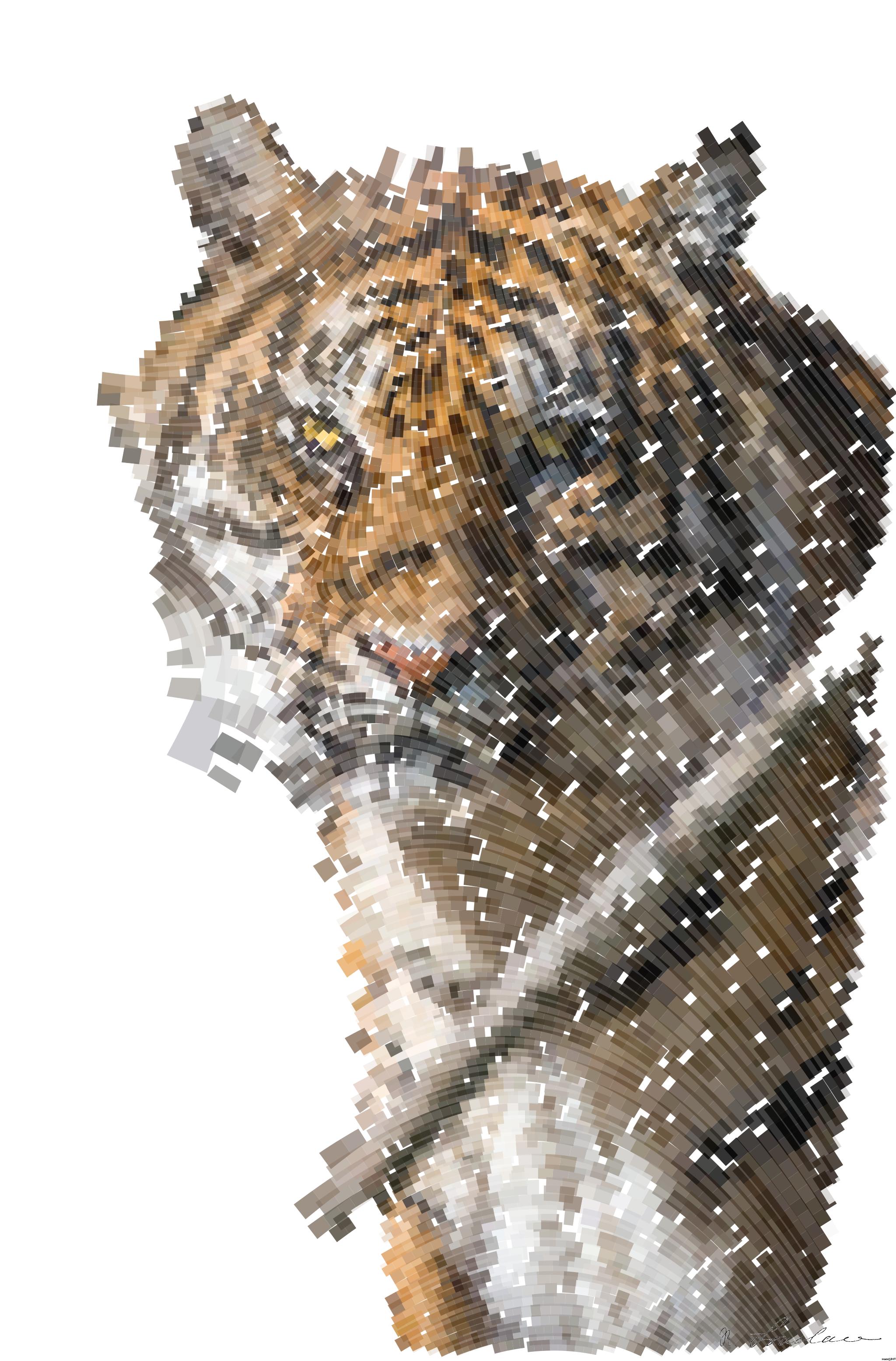 Drawn by bot QQp9Prh6mEDPVTF7anFAiZ; art-flowy; Close-up portrait of a Bengal tiger showcasing its fierce and majestic presence. AI Art