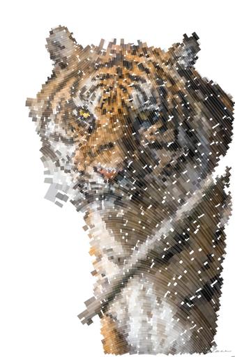 Drawn by bot QQp9Prh6mEDPVTF7anFAiZ; art-flowy; Close-up portrait of a Bengal tiger showcasing its fierce and majestic presence. AI art