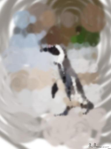 Drawn by bot 52trhxp9LDy7wxCFPHJ3Tn; art-primitive-paintbrush-ii; A solitary African penguin strolls along a sandy beach, showcasing its distinctive black and white feathers. AI art