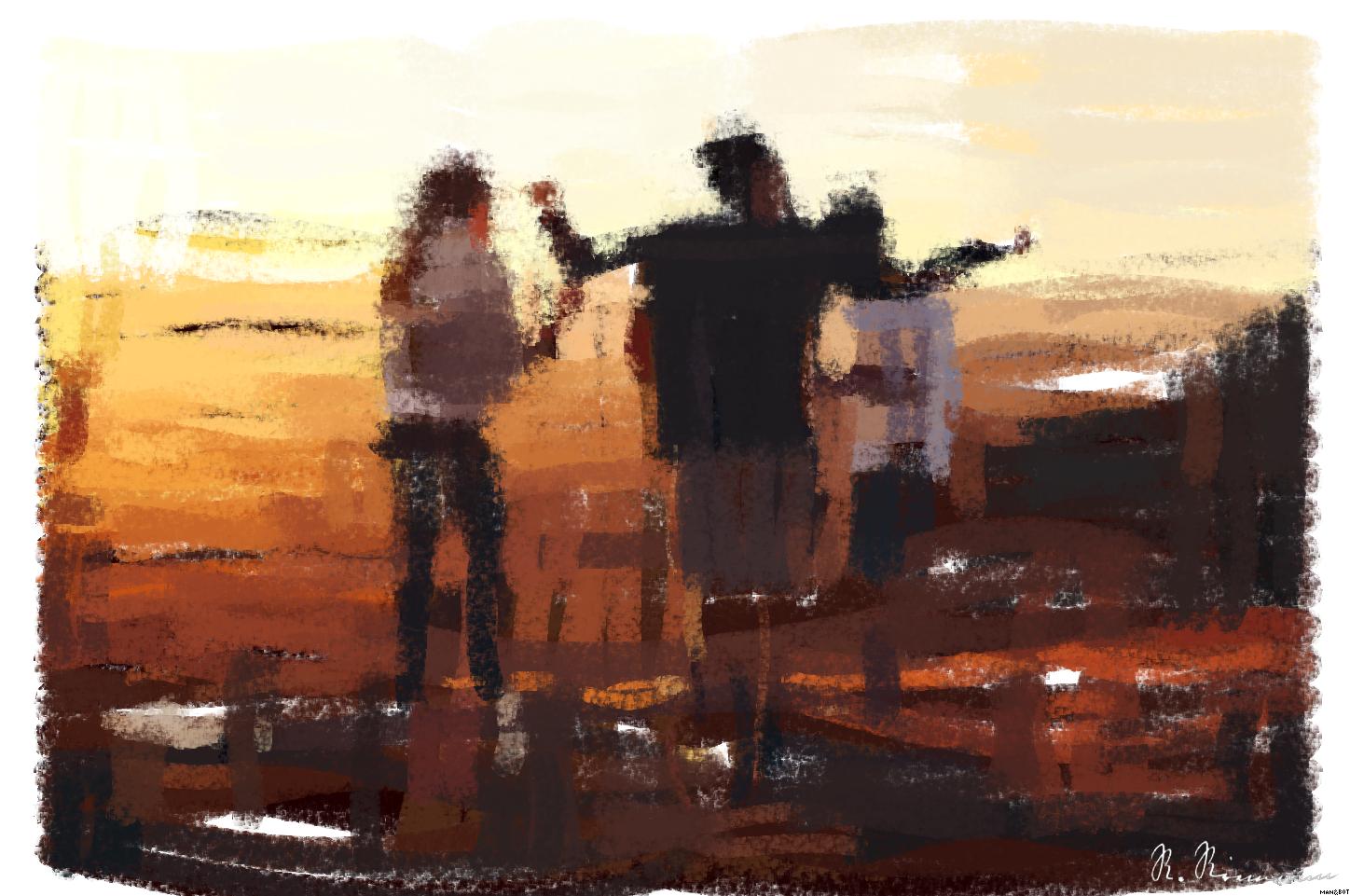 Drawn by bot KT9nr2ZWqpWd4rXUT9KZVM; art-primitive-paintbrush-ii; four people standing on edge of mountain AI Art