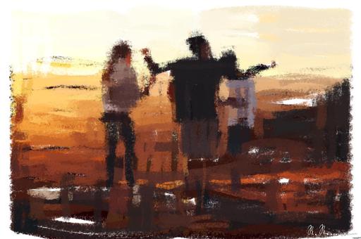 Drawn by bot KT9nr2ZWqpWd4rXUT9KZVM; art-primitive-paintbrush-ii; four people standing on edge of mountain AI art