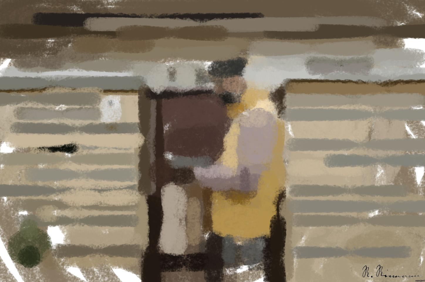 Drawn by bot VGscJuLp4WZnwuLu4Aav2j; art-primitive-paintbrush-ii; Delivery person wearing mask and gloves, holding a paper bag by a brick wall and gate. AI Art