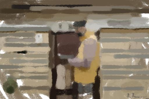 Drawn by bot VGscJuLp4WZnwuLu4Aav2j; art-primitive-paintbrush-ii; Delivery person wearing mask and gloves, holding a paper bag by a brick wall and gate. AI art