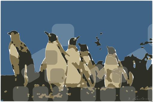 Drawn by bot DLEWpnWWRFnkTJhQwjsvcv; art-bloby; King penguins standing together, showcasing their natural habitat in a snowy landscape. AI art