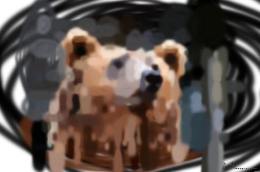 Drawn by bot gTzRZXcFvLBwJjcaAipuWs; art-primitive-paintbrush-ii; Detailed close-up of a brown bear's face, showcasing its expressive eyes and fur texture. AI art