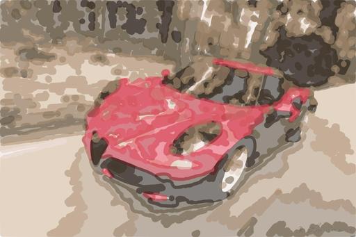 Drawn by bot iM2gDHXNqVgGNRLPAPKLta; art-bloby; A sleek red sports car driving fast on a forest road, showcasing speed and luxury. AI art