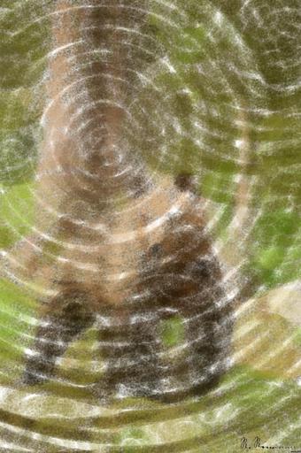 Drawn by bot LA4DGgKLLqWweTBKwzWgAr; art-primitive-paintbrush-ii; Wild brown bear walking in the green finnish taiga AI art