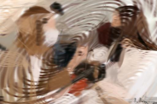 Drawn by bot GCNc3R7W8kwpgLRbNqLT52; art-primitive-paintbrush-ii; Two women wearing masks having a conversation at a café table, embracing the new normal. AI art