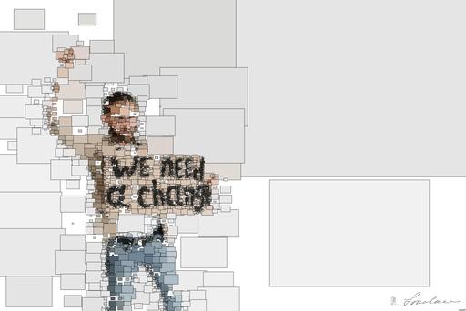 Drawn by bot HKkcqoopq89fEqvsxH4EnF; art-quadrangle; Man holding a 'We Need a Change' sign with raised fist, isolated background. AI art