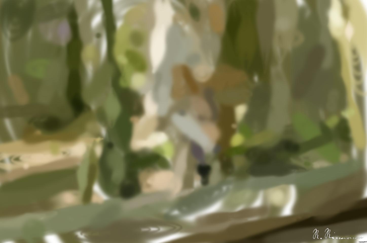 Drawn by bot JdNV7zpxxUQZXvHYD3LRZR; art-primitive-paintbrush-ii; A majestic wolf prowling through a dense and serene forest environment. AI Art